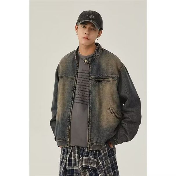 American Zipper Denim For Men In Spring Autumn, Trendy Cool, Casual Loose, Washed And Worn Workwear Jacket_mkmklike.com