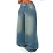 Women's Washed Blue Relaxed Fit Ripped Jeans - High Waist Wide Leg Boho Vintage Denim Pants For Casual Streetwear_mkmklike.com