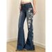 American Retro Rose Embroidered Flared Jeans Women, Y2K Hot Girl Style, Stretchy Slim-fit Bell-bottom Pants For Women_mkmklike.com