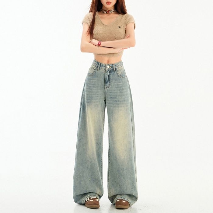 American High Street Retro Wide-leg Pants For Trendy Girls, Loose And Drapey, Distressed, Floor-length Women's Trousers,_mkmklike.com
