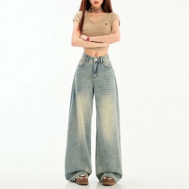 American High Street Retro Wide-leg Pants For Trendy Girls, Loose And Drapey, Distressed, Floor-length Women's Trousers,_mkmklike.com