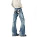 Men's Distressed Flared Jeans – Vintage-Inspired High Street Denim With Cat Whisker & Rivet Details (Blue, S-Xxxl)_mkmklike.com