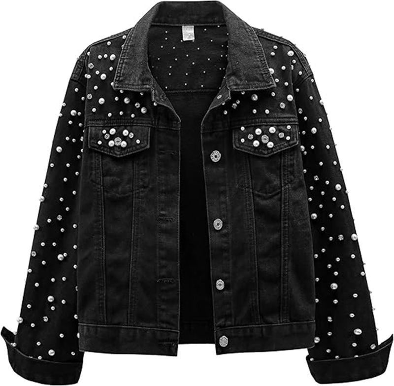 Men's Clothing Pearl Denim Jacket Short Rhinestone Denim Jacket Coat Top_mkmklike.com