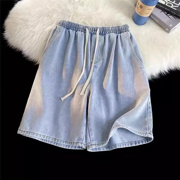 Men's Summer Stretch Waist Denim Shorts - Relaxed Fit Straight Leg Casual Athletic Shorts With Elastic Band (Grey, Light Blue, Dark Blue)_mkmklike.com