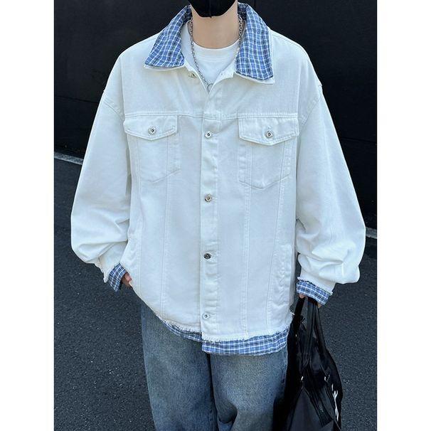 Unisex Trendy Faux Plaid Patchwork Denim Jacket Autumn American Style Two Piece Workwear Casual Streetwear Polyester Slight Stretch_mkmklike.com