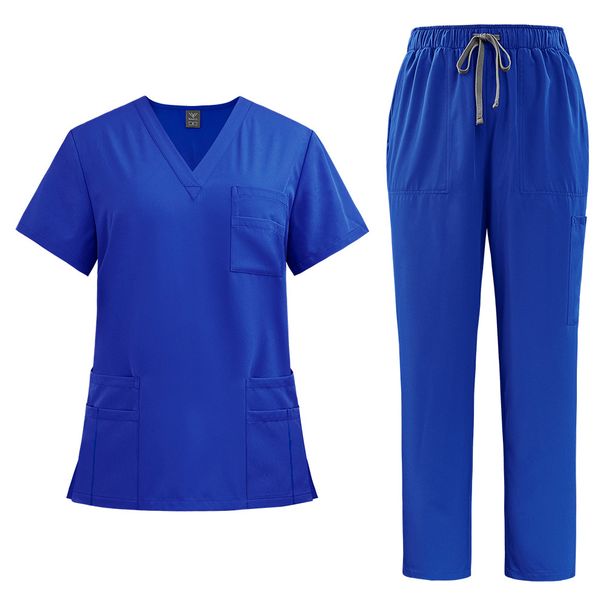 Women's new V-neck split medical overalls, pocket straight pants, men's and women's toiletries_mkmklike.com