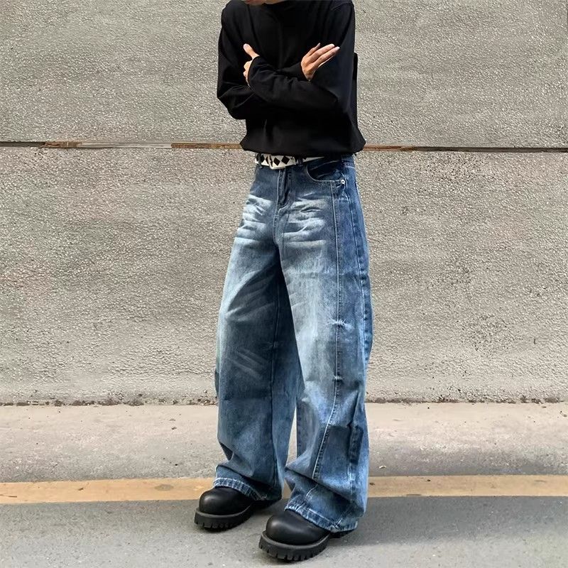 Cleanfit Retro Whiskered Knife Jeans High Street Casual Straight Leg Wide Loose Pants For Men And Women Trendy American Style_mkmklike.com