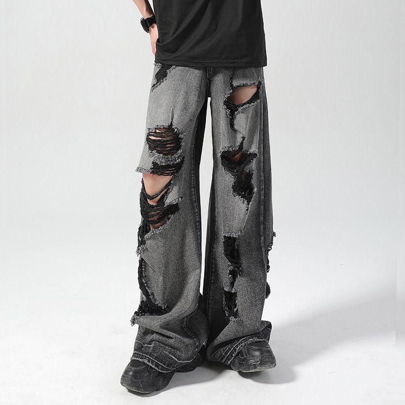 "Men's Distressed Black Wide-Leg Jeans – Summer Casual, High-End Grunge Style (S-XXXL)"_mkmklike.com