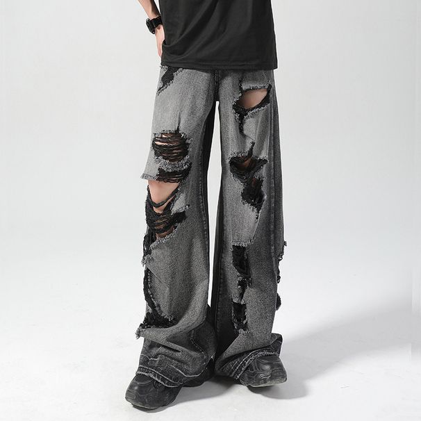 "Men's Distressed Black Wide-Leg Jeans – Summer Casual, High-End Grunge Style (S-XXXL)"_mkmklike.com