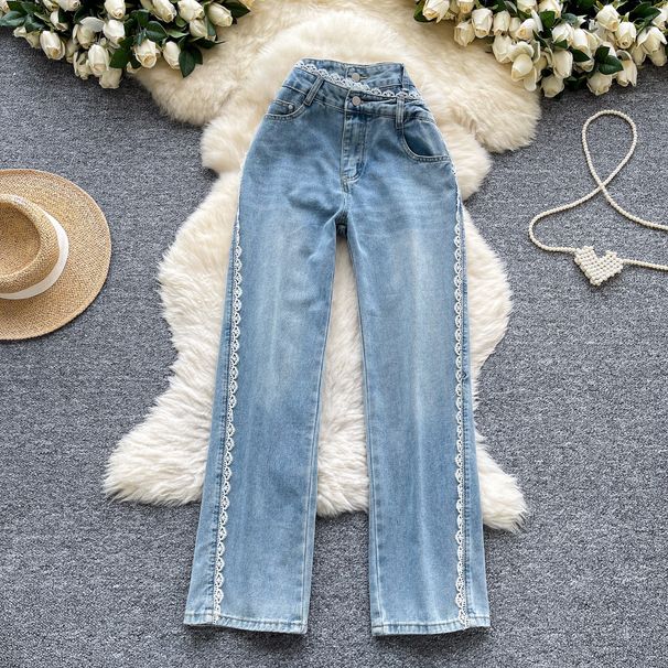 "Bohemian Lace-Trimmed Denim Jeans - Light Wash Straight Leg Pants With Feminine Edge, Comfortable & Breathable For Summer"_mkmklike.com