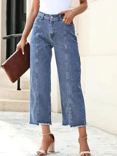 Women's Clothing High-Waisted Slimming Denim Jeans Versatile Solid Color Frayed Straight Leg Cropped Fashion_mkmklike.com