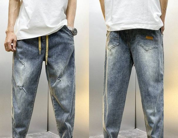 Slim Fit Cropped Jeans For Men And Teenagers Autumn New Style Versatile Light Color Casual Drawstring Jogger Pants_mkmklike.com