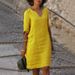 Women's cotton and linen small V-neck stitching retro solid color cropped sleeve dress women_mkmklike.com