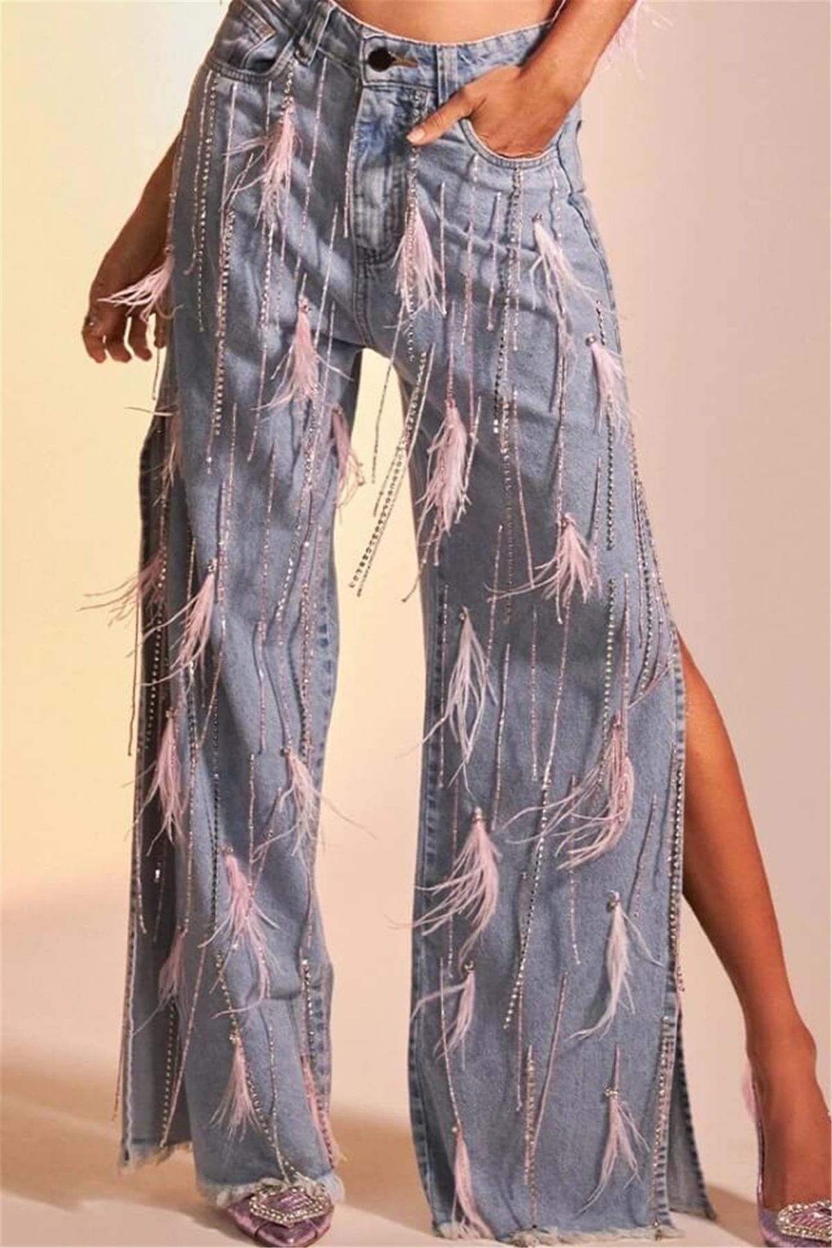 Women's Clothing Washed Distressed Wide Leg Pants Plush Diamond Chain Decorated Slit Straight Jeans Women_mkmklike.com
