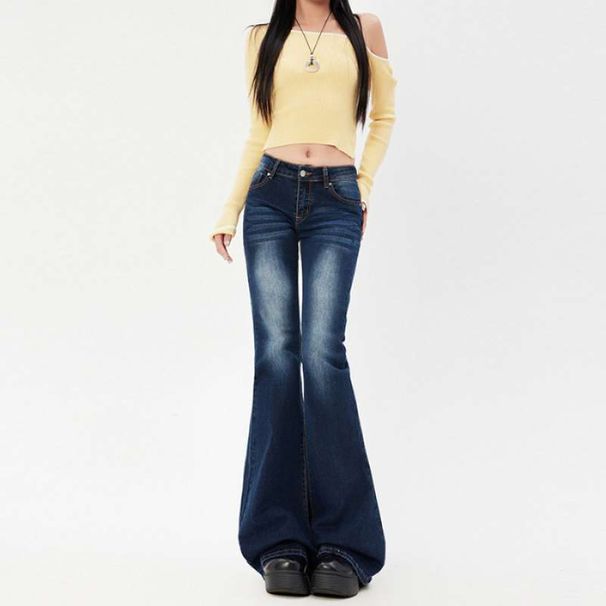ELLE Wholesale Dropshipping American Low Waist Retro Hot Girl Dark Blue Slim Fit Stretch Flar Jeans Women Long Pants_mkmklike.com