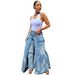 Women's Faux Two Piece Denim Skirt European American Style Streetwear Symmetrical Slit Jeans_mkmklike.com
