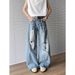 Unisex Vintage High Street Distressed Denim Pants Relaxed Fit Slight Flare Clean Aesthetic Artisan Washed Blue Jeans Men's Clothing_mkmklike.com