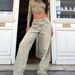Women's High-Waisted Heavy-Duty Rhinestone Wide Leg Jeans Vintage Distressed Yellow Mud Dyed Straight Leg Pants_mkmklike.com