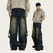 Deconstructed Vintage Washed Jeans High Street Raw Hem Raw Edge Denim Pants With Patchwork Details (Unisex Straight-Leg, Distressed Retro Style)_mkmklike.com