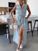 K New Sleeveless Long Lace Up Waist Cinching Single Breasted Denim Dress. No Accessories_mkmklike.com