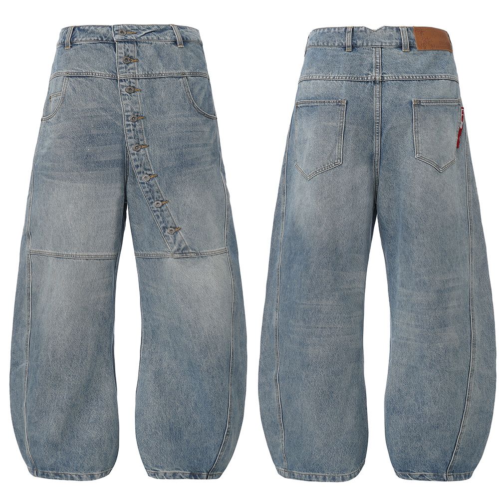 Men's Unique off the Shoulder Slanted Placket Button down Jeans Distressed Washed Loose Wide Leg Straight Leg Floor Length Trousers_mkmklike.com