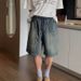 Men's American Classic Washed Jeans Multi Pocket Drawstring Summer Trendy Loose Straight Leg Five Point Fashion Pants_mkmklike.com