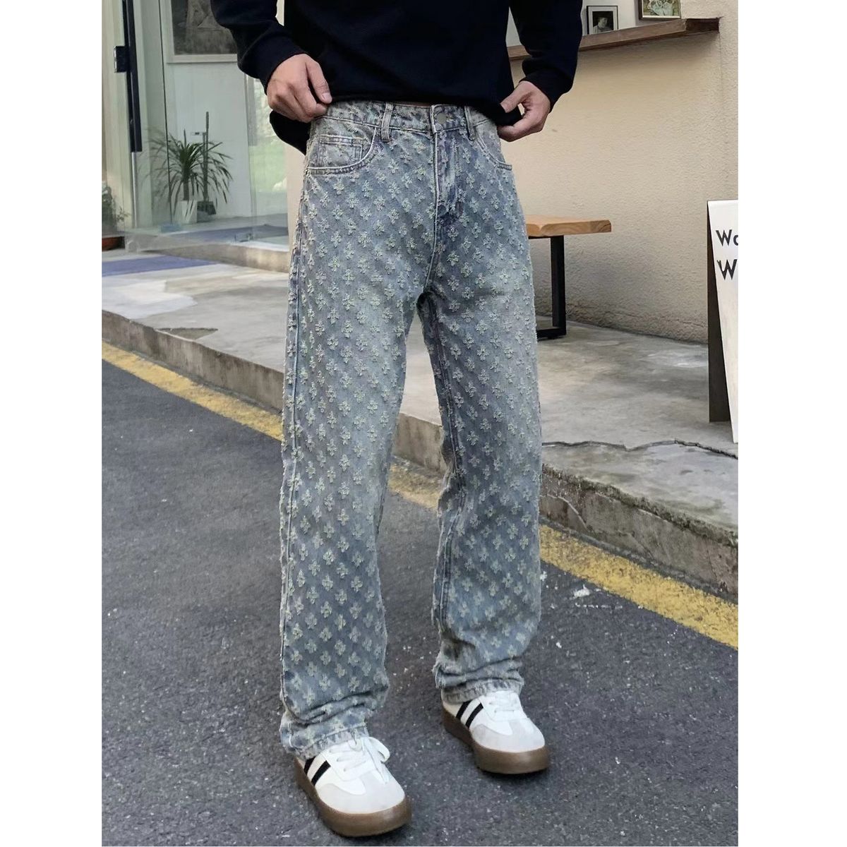 "Men's Premium Embroidered Denim Jeans – Classic Straight Fit, Distressed Blue Wash (Azure, S-2XL)"_mkmklike.com