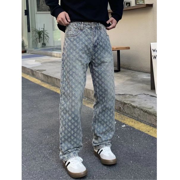 "Men's Premium Embroidered Denim Jeans – Classic Straight Fit, Distressed Blue Wash (Azure, S-2XL)"_mkmklike.com