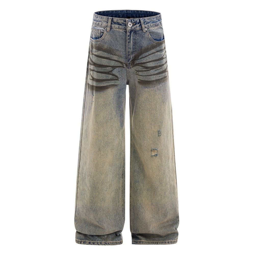 Punk Wasteland Heavy-Duty Distressed Washed Jeans Street Niche Loose Wide-Leg Floor-Length Pants For Men_mkmklike.com