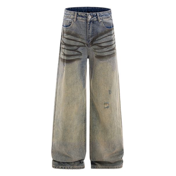Punk Wasteland Heavy-Duty Distressed Washed Jeans Street Niche Loose Wide-Leg Floor-Length Pants For Men_mkmklike.com