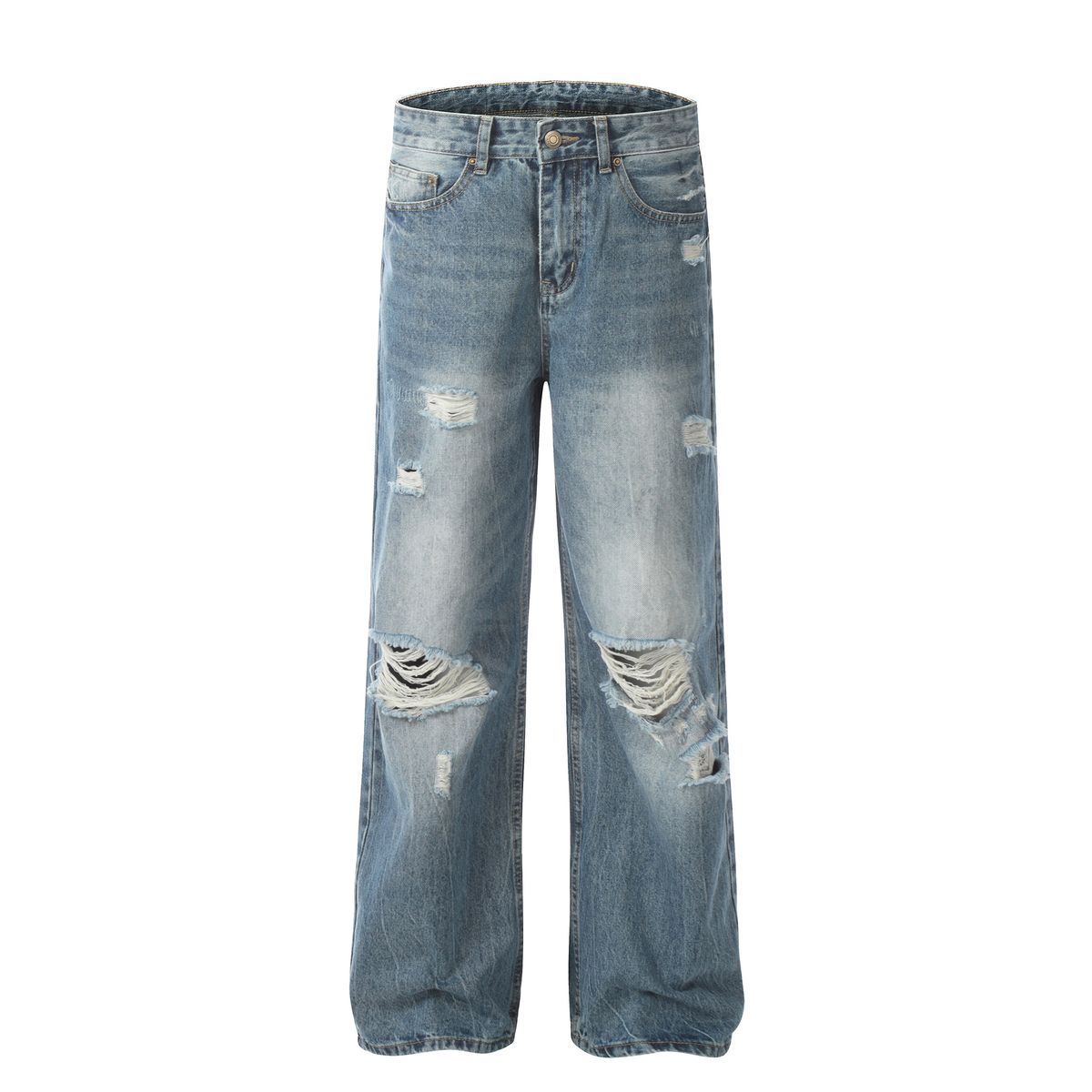 Men's Clothing Retro Style High End Washed Blue Street Fashion Hole Design Men's Loose Flared Jeans_mkmklike.com