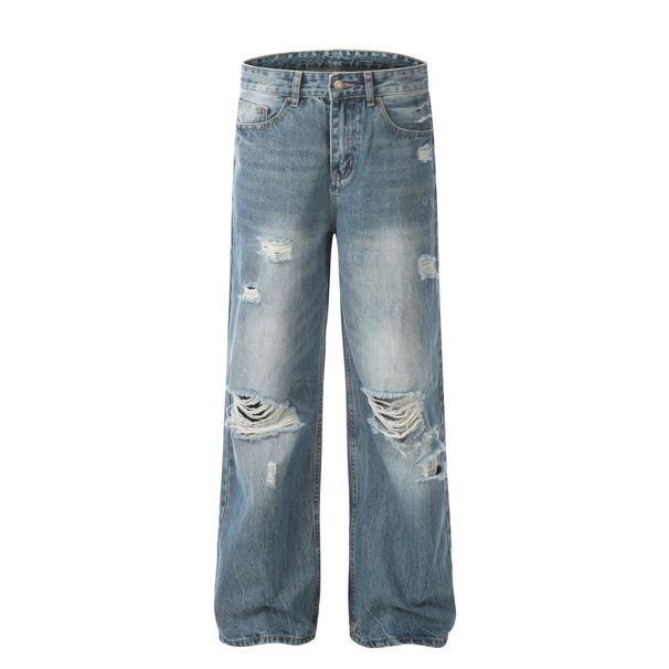 Men's Clothing Retro Style High End Washed Blue Street Fashion Hole Design Men's Loose Flared Jeans_mkmklike.com