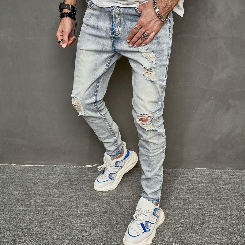 Men's 2024 NEW vintage ripped jeans slim stretch trend personality pants and trousers_mkmklike.com