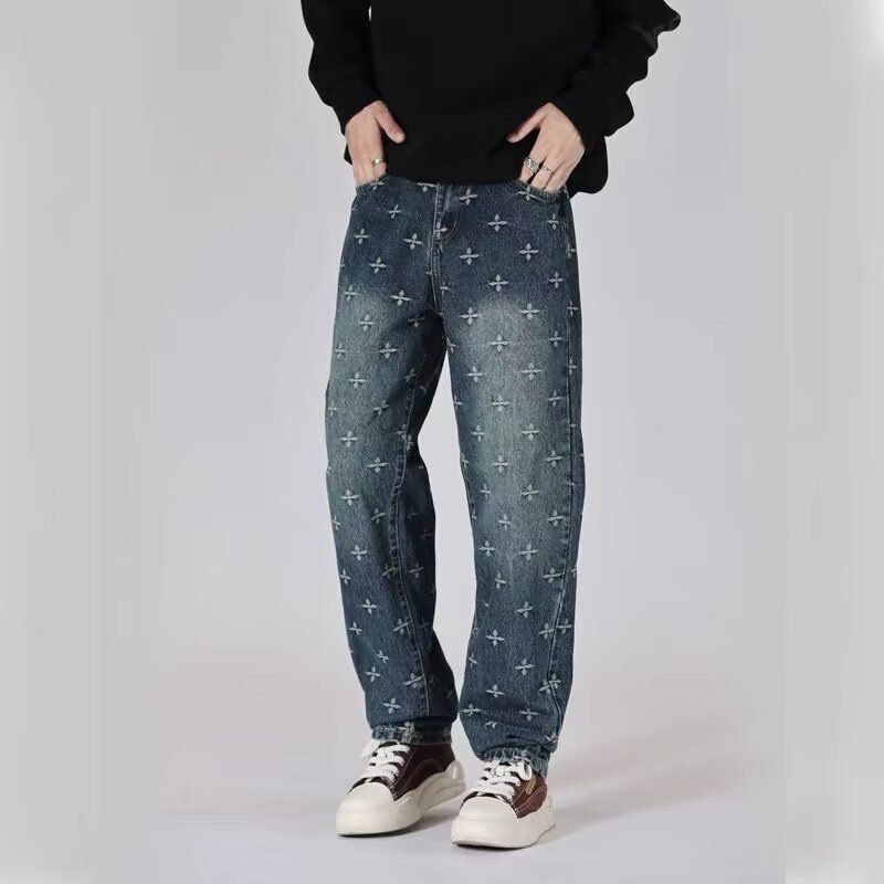 Men's Loose Fit Straight Leg Vintage Washed Denim Jeans With All-Over Print, Comfortable Cotton Casual Pants For Teenagers_mkmklike.com
