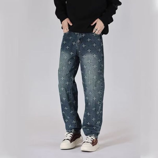 Men's Loose Fit Straight Leg Vintage Washed Denim Jeans With All-Over Print, Comfortable Cotton Casual Pants For Teenagers_mkmklike.com