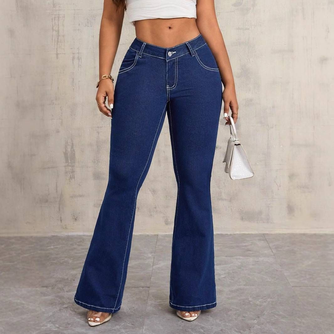 Women's Clothing Fashion All Match Slim Women's Stretchy Flared Denim Jeans - Low Rise Sexy Mid-Waist Bell Bottoms Casual Office Wear (Blue, S/M/L/XL)_mkmklike.com