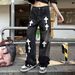 Men's Streetwear Jeans – Oversized Straight-Leg Denim Pants With Cross & Hand-Painted Details (S-5xl) – Vintage Low-Rise Unisex Jeans For Casual Wear_mkmklike.com