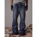 Industrial Washed Blue Distressed Straight Flared Jeans | Asian Cleanfit Style | Water Ripple Texture | Men's Relaxed Fit_mkmklike.com