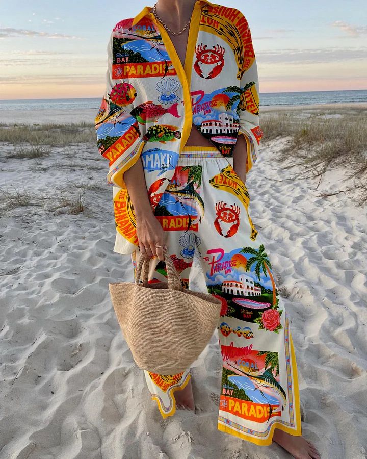 Women's Clothing Fashion Printed Leisure Vacation Style Suit _mkmklike.com