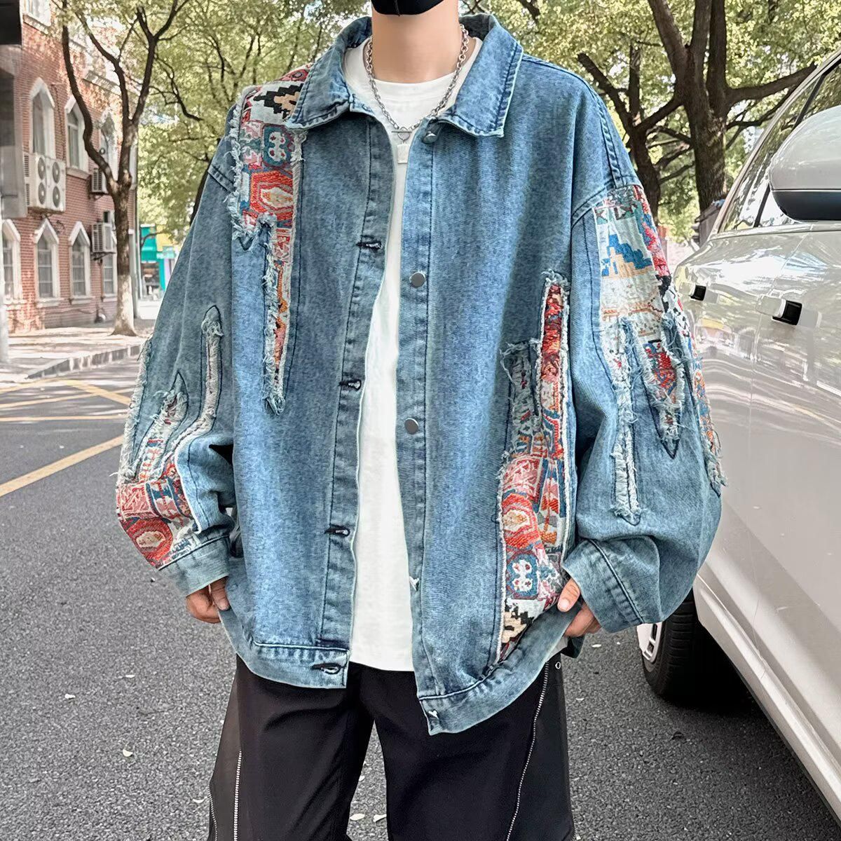 Men's Clothing Bohemian Embroidered Denim Jacket For Men & Women - Vintage Loose Fit Workwear Coat With Floral Stitching, Casual Streetwear_mkmklike.com