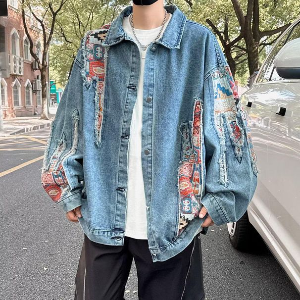 Men's Clothing Bohemian Embroidered Denim Jacket For Men & Women - Vintage Loose Fit Workwear Coat With Floral Stitching, Casual Streetwear_mkmklike.com