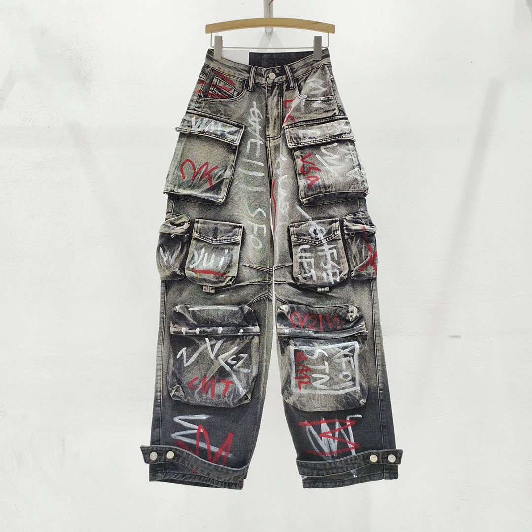 Women's clothing painted graffiti design workwear jeans for women spring high waist loose versatile straight pants_mkmklike.com