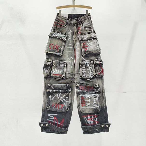 Women's clothing painted graffiti design workwear jeans for women spring high waist loose versatile straight pants_mkmklike.com