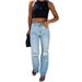 Distressed Wash High-Waisted Straight Leg Jeans For Women - Classic Light Blue Denim Pants With Comfortable Cotton Blend (XS, S, M, L, XL)_mkmklike.com