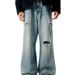 Men's Retro Washed Distressed Handmade Ripped Jeans Trendy Loose Straight Leg Trousers Versatile For Commuting_mkmklike.com