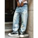 Light Colored Washed Loose Wide Leg Jeans for Men Trendy Printed Casual Trousers Spring Autumn Style Cross Border Exclusive_mkmklike.com