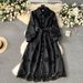 Women's Clothing heavy embroidery hollow flower buttoned slim fit mid length puff sleeve dress_mkmklike.com