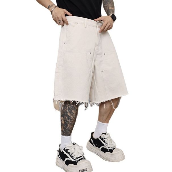 Vibe Brand Men's 5 Point Denim Shorts Trendy Loose Beige Cargo Style Cool For Summer_mkmklike.com