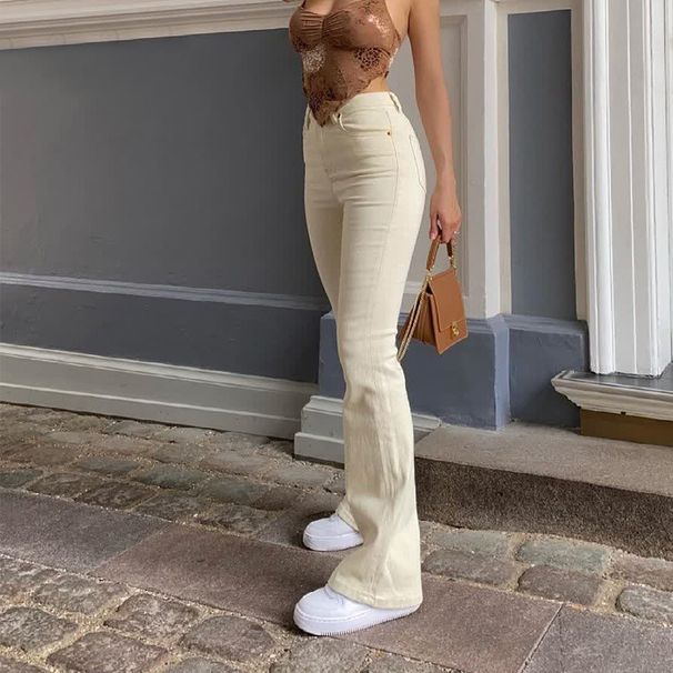 Women's Clothing High Waisted Slimming Cotton Flared Jeans For Women Casual Versatile Commuting Wear Light Skin Tone Thin Style Solid Pattern_mkmklike.com