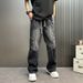 Studded Couple Jeans Trendy Spring Autumn Distressed Long Pants Gradient Faded Finish Floor Length Drawstring Elastic Waist_mkmklike.com